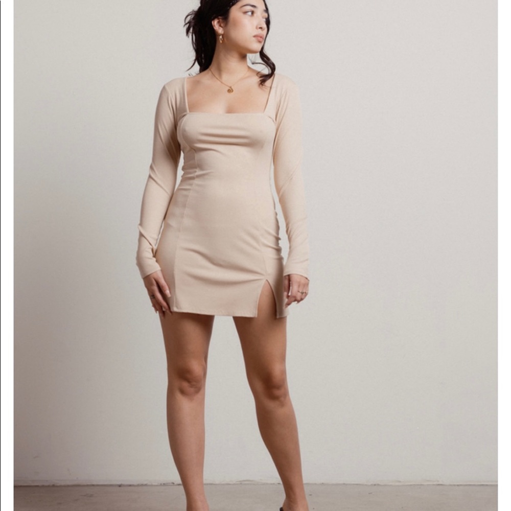 Gambit square neck slit bodycon mini dress in Sand
